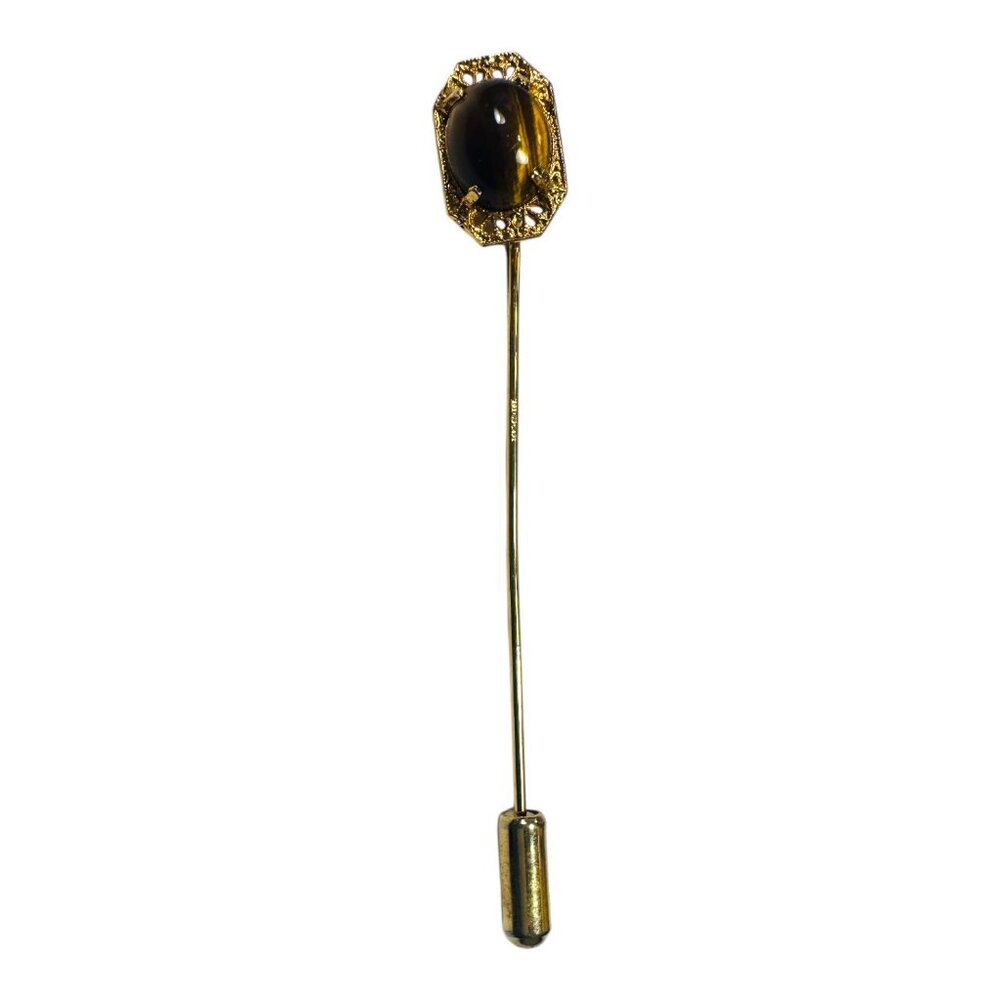 Vintage Gold Stick Pin With Tigers Eye Stone Gemstone Accent - Picture 2 of 8